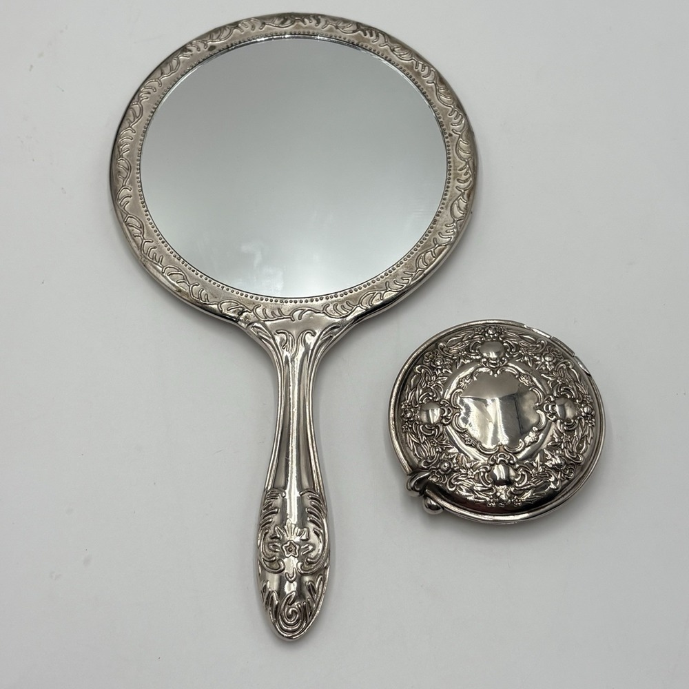 Ornate Silver Tone Hand Mirror & Compact Mirror Vanity Set Floral 2 Piece VTG